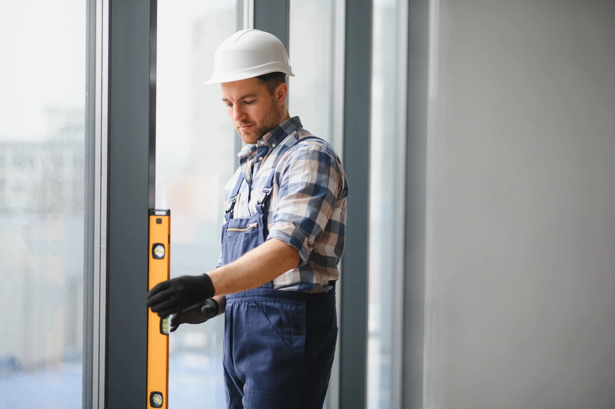 Checking an aluminum storefront door frame for plumb with a spirit level